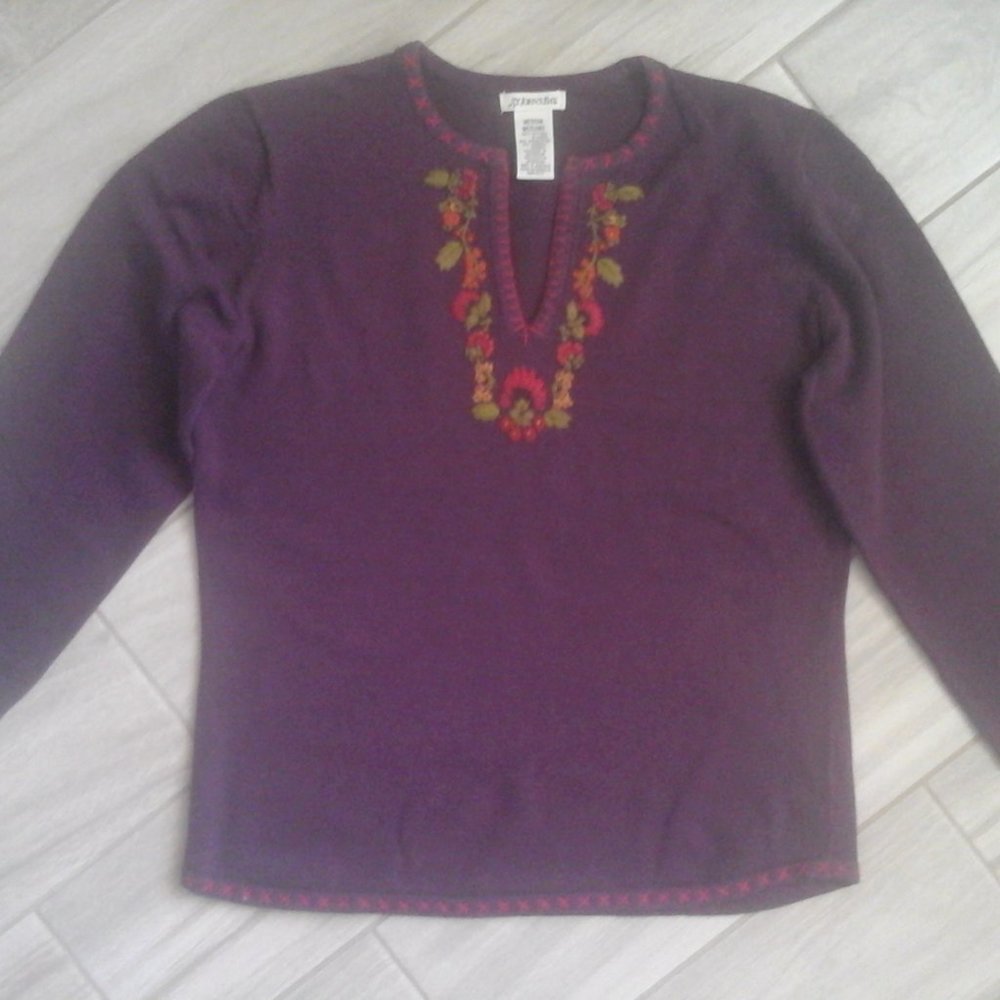 St John's Bay Red Wine Embroidered Pullover Sweater Size M